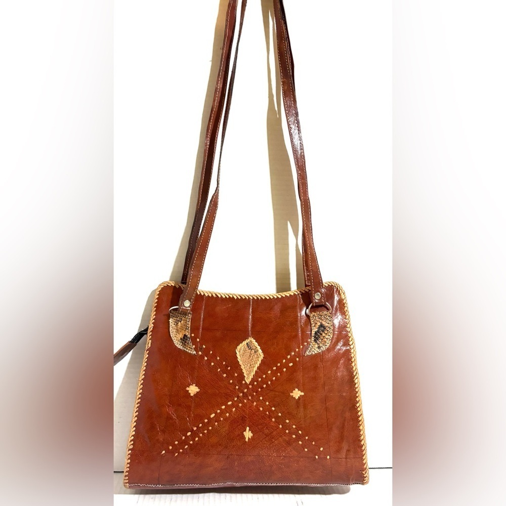 Handmade vintage snakeskin leather Brown Leather shoulder Handbag